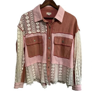 COPY - POL Women's S  Leslie Jacket Oversized Denim & Lace Pink  Shacket Anthro…
